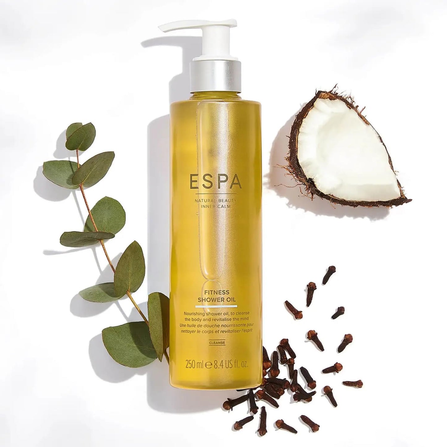 ESPA Fitness Shower Oil 250ml | Nourishing Oil-to-Cream Body Cleanser with Coconut Oil, Eucalyptus &amp; Clove, Gently Cleanses, Revitalises &amp; Softens Skin, Post-Workout Care