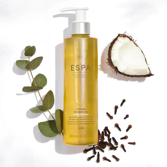 ESPA Fitness Shower Oil 250ml | Nourishing Oil-to-Cream Body Cleanser with Coconut Oil, Eucalyptus &amp; Clove, Gently Cleanses, Revitalises &amp; Softens Skin, Post-Workout Care