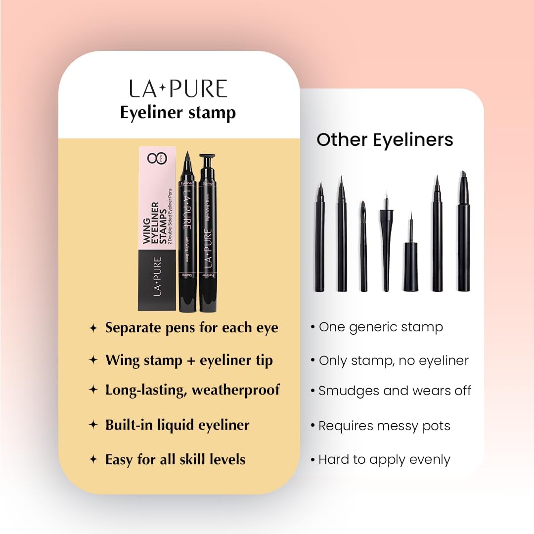 LA PURE Waterproof Winged Eyeliner Stamp - 8mm Long Lasting Liquid Liner Pen, 2 Wingliner Black Make Up Pens, Vamp Style Wing, Smudgeproof &amp; Sweatproof, Perfect Cat Eye Look, Eyeshadow, No Dipping