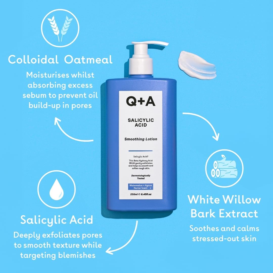 Q+A Salicylic Acid Smoothing Body Lotion (250ml), Body Moisturiser with Watermelon &amp; Agave Scent, Body Butter Alternative, Smooths Rough Bumpy Skin, Clears Blemishes &amp; Uneven Texture