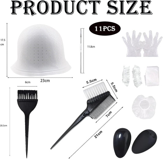11Pcs Highlight Kit Silicone Highlight Cap Kit with Hair Coloring Brushes and Needle for Salon Silicone Hairdressing Tools for Women Men