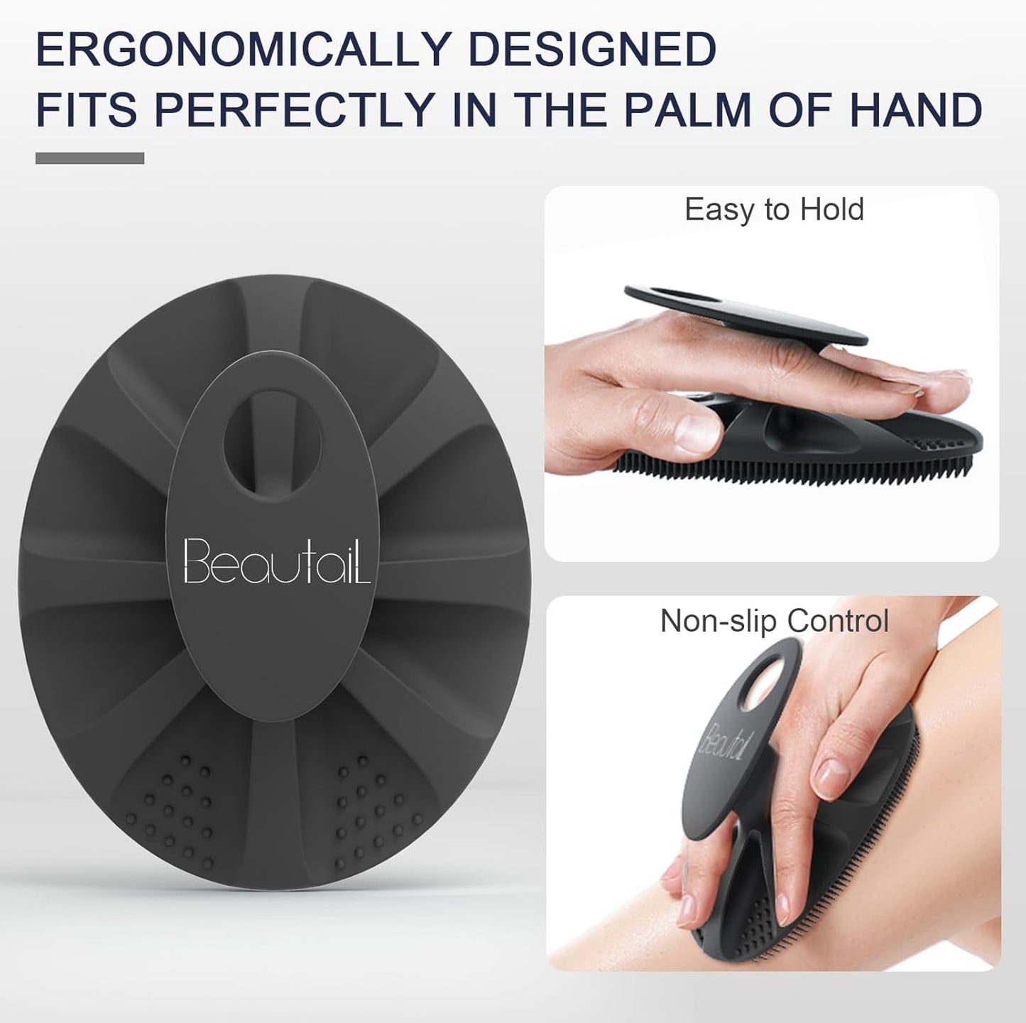 BEAUTAIL Silicone Body Scrubber, Gentle Exfoliating Brush on Sensitive Skin | Soft Silicone Shower Scrubber for Body, Bathroom Essentials for Women, Men &amp; Kids, More Hygienic than Loofah. 1-Pack, Black