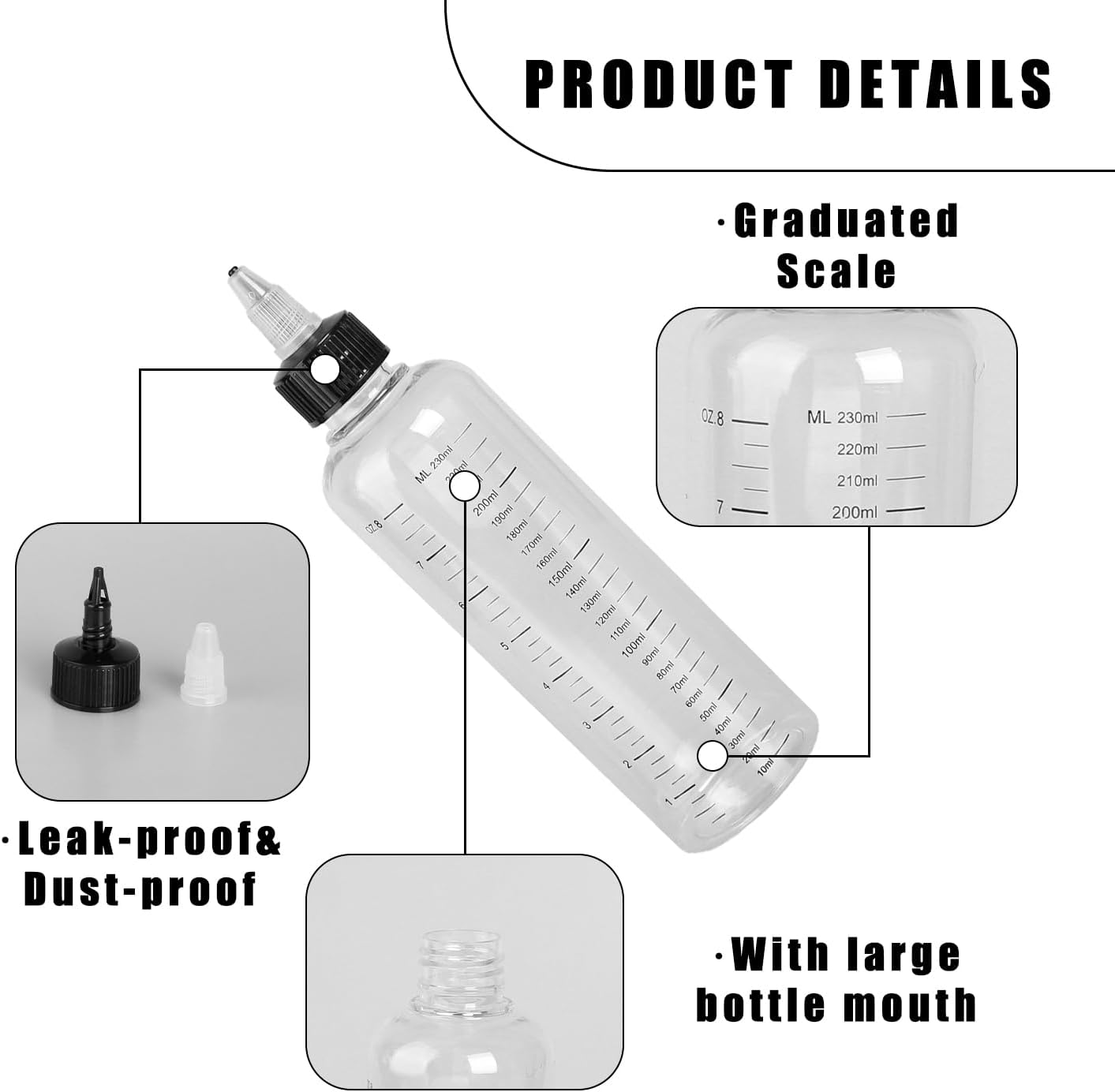 2PCS 250ml Squeeze Bottles with Measurement Scale – Precision Nozzle Cap Dye Applicator Bottles for Hair Colouring, Paint Mixing, Essential Oil Dispensing