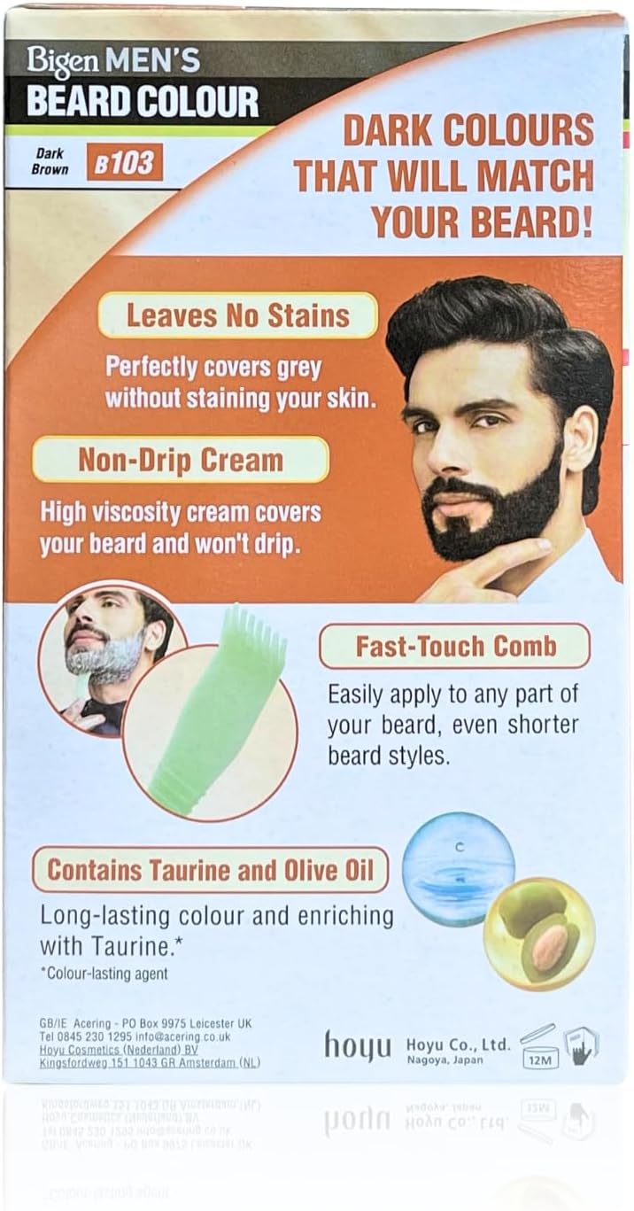 Bigen Men's Beard Colour | No Ammonia Formula with Aloe Extract &amp; Olive Oil - 103 Dark Brown