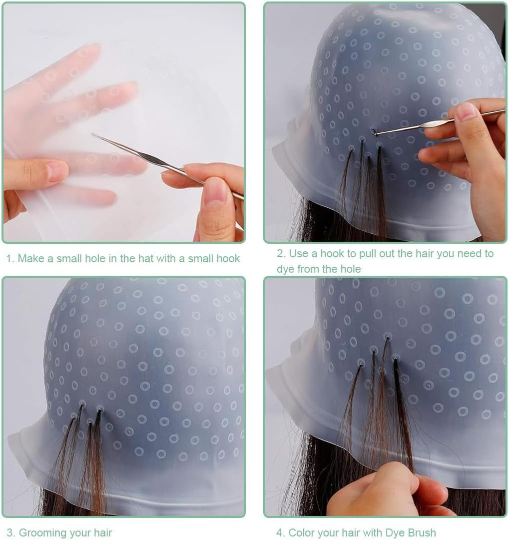 Highlight Hair Cap,Silicone Highlighting Cap with Hook Needles Reusable bleach Caps Hair Dye Comb Dyeing Highlight Caps Hook Hairdressing Salon for Long Hair Short Hair