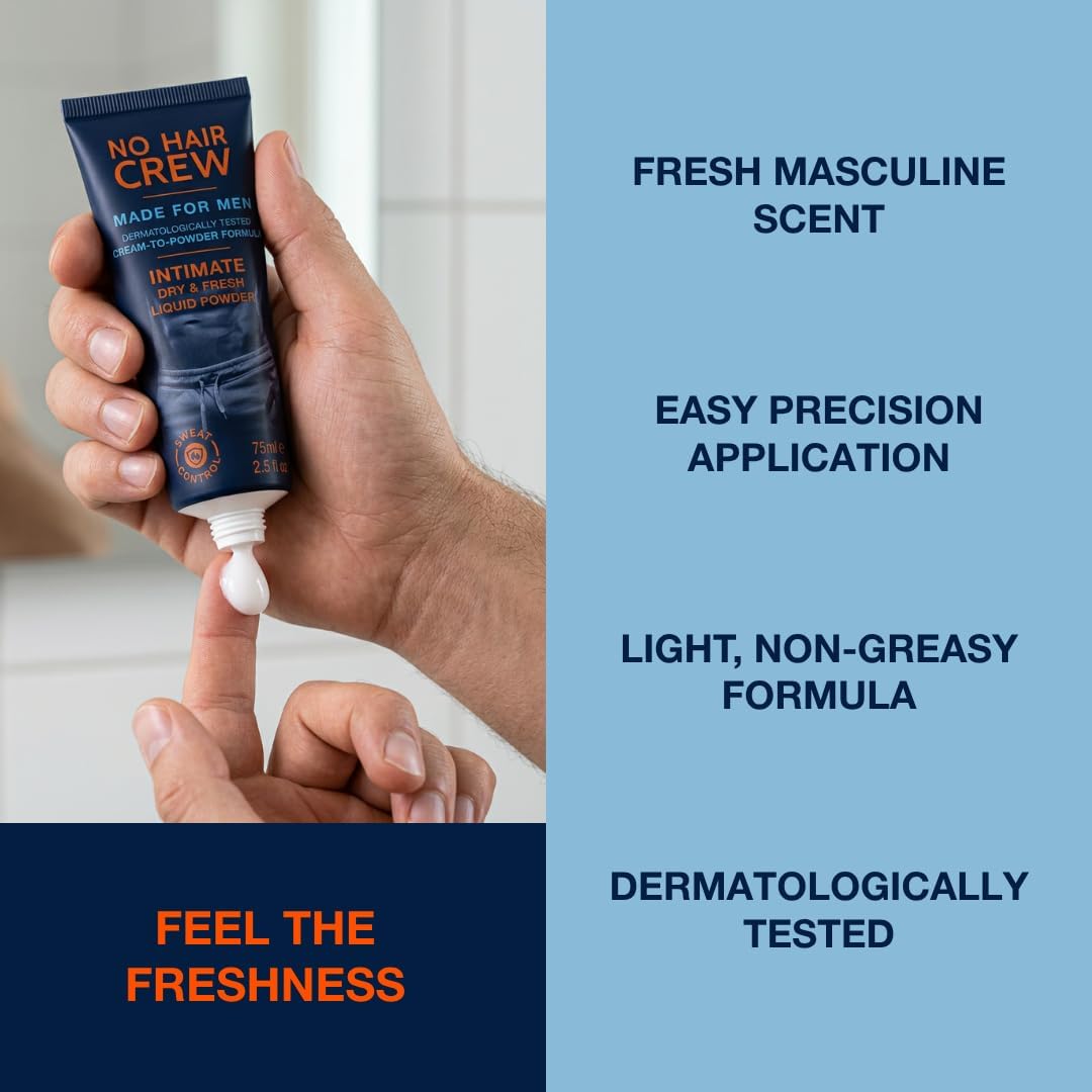 NO HAIR CREW Liquid Intimate Powder for Men 75 ml – Cream-to-Powder Formula | Helps reduce sweat, odour and chafing. Talc-free body powder for groin, intimate areas and inner thighs. No dust. No mess.