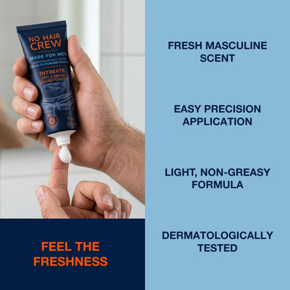 NO HAIR CREW Liquid Intimate Powder for Men 75 ml – Cream-to-Powder Formula | Helps reduce sweat, odour and chafing. Talc-free body powder for groin, intimate areas and inner thighs. No dust. No mess.