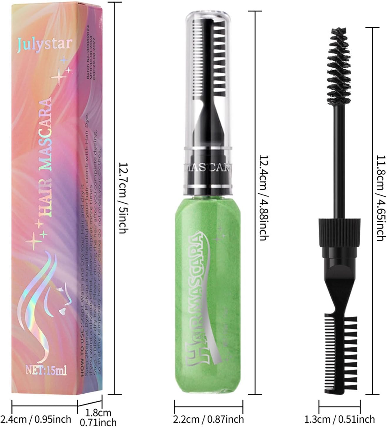 Green Hair Chalk Comb, Hot Color Eyelashes Mascara Wash Out, Coloured Hair Spray, Temporary Hair Dye for Men Washable, Christmas Party Cosplay Gifts for Women（15ml）