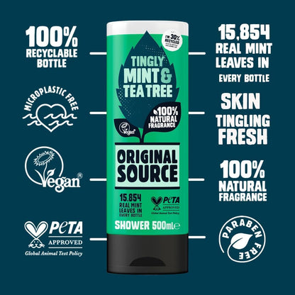 Original Source Mint &amp; Tea Tree Shower Gel, 100 Percent Natural Fragrance, Vegan, Cruelty Free, Paraben Free, Bulk Buy, Pack of 6 x 500 ml