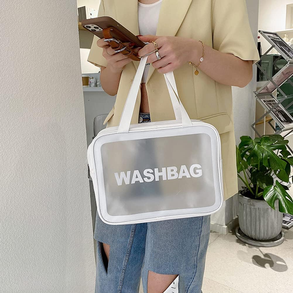 Aucuu 3PCS Clear Toiletry Bag, Wash Bag, Clear PU Makeup Bags, Waterproof Toiletry Travel Bags with Zipper Handle, Portable Airport Cosmetic B-ag for Travel Bathroom Men Women (White)
