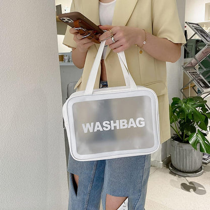 Aucuu 3PCS Clear Toiletry Bag, Wash Bag, Clear PU Makeup Bags, Waterproof Toiletry Travel Bags with Zipper Handle, Portable Airport Cosmetic B-ag for Travel Bathroom Men Women (White)