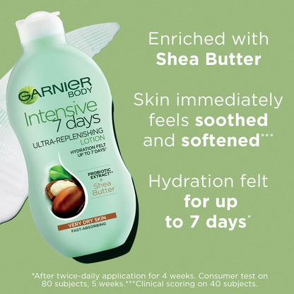 Garnier Intensive 7 Days Shea Butter &amp; Probiotic Extract Body Lotion 400ml, Ultra Replenishing Soothing Moisturiser, Up to 7 Days Hydration, For Very Dry Skin, Fast Absorbing &amp; Non Greasy
