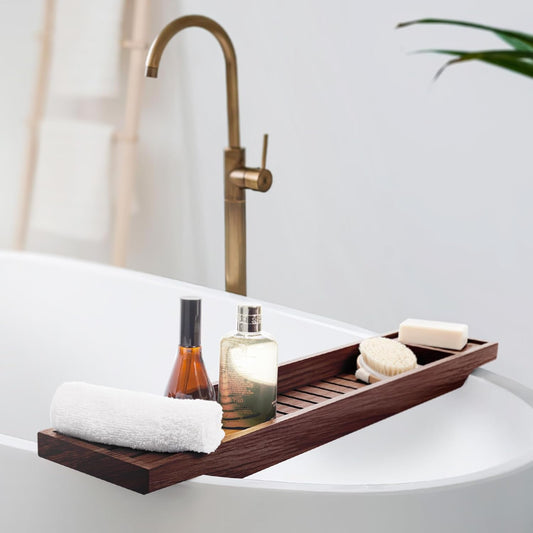 woodluv Slimline Acacia Wood Bathtub Caddy Tray Bridge Wooden Bath Rack Bathroom Accessory Bath Shelf Over Tub Bathroom Board Storage Shelf Tidy Relax Organiser, 70 x 14.5 x 7.5 cm - Natural
