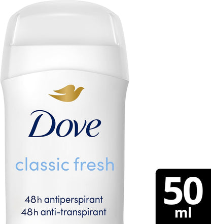 Dove Classic Fresh Anti-Perspirant Cream Women's Deodorant Stick with ¼ moisturising cream for 48 hour sweat protection and long-lasting fragrance 50 ml