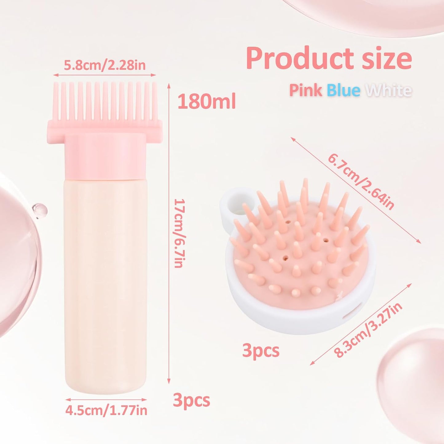 Hair Oil Applicator Bottle Set, 3 Pack Root Comb Applicator Bottles with Graduated Scale, 3 Hair Scalp Massager Shampoo Brush for Even Dyeing and Scalp Care
