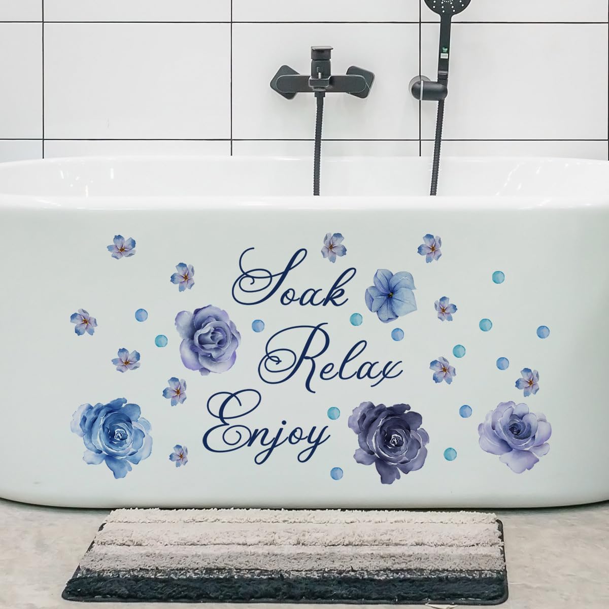 Soak Relax Enjoy Wall Sticker -Inspirational Quotes Decals, Waterproof Rose Flower Wall Art for Home Bathroom Decor 30 * 60 cm (Purple)