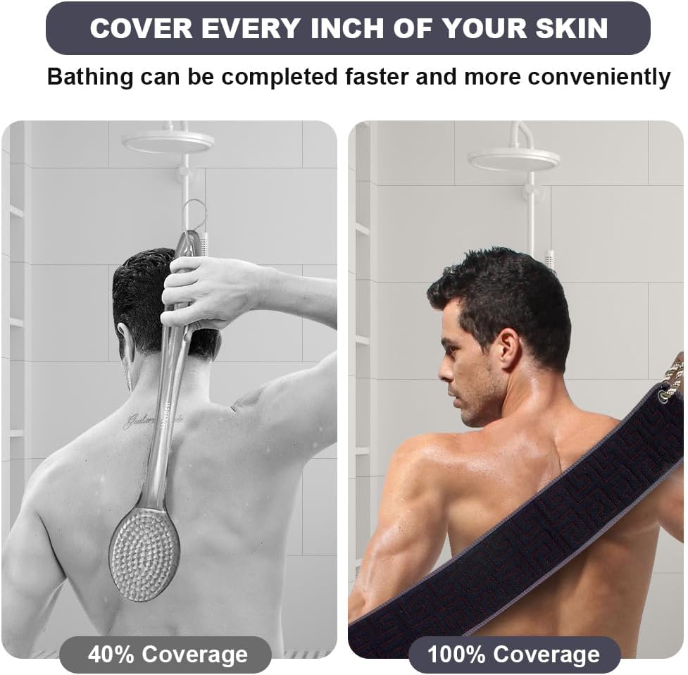 URAQT Exfoliating Back Scrubber for Shower, 37 Inches Back Washer with Handles, Soft Shower Bath Scrub for Women and Men, Double-Side Use Exfoliate Washcloth Bath Tool to Scrub Your Body Deeply