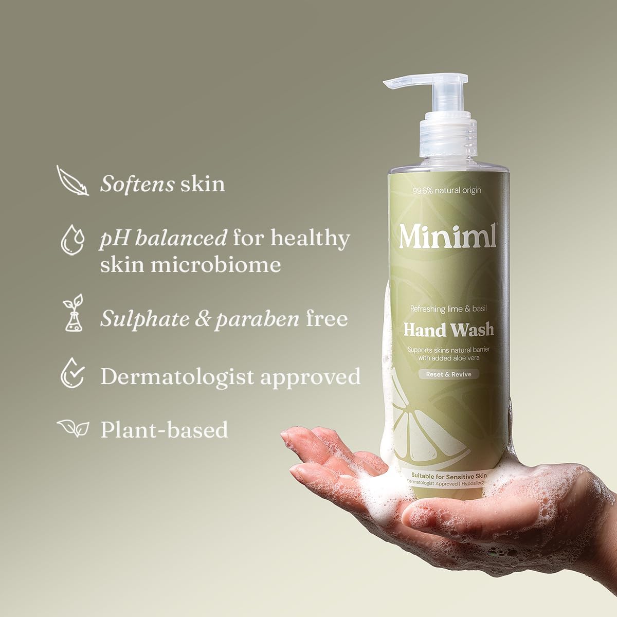 Miniml Natural Hand Wash – Refreshing Lime &amp; Basil 400 ml, 99.6% Natural, Vegan &amp; Cruelty-Free Liquid Soap for Sensitive Skin, Moisturising &amp; Gentle Everyday Hand Cleansing
