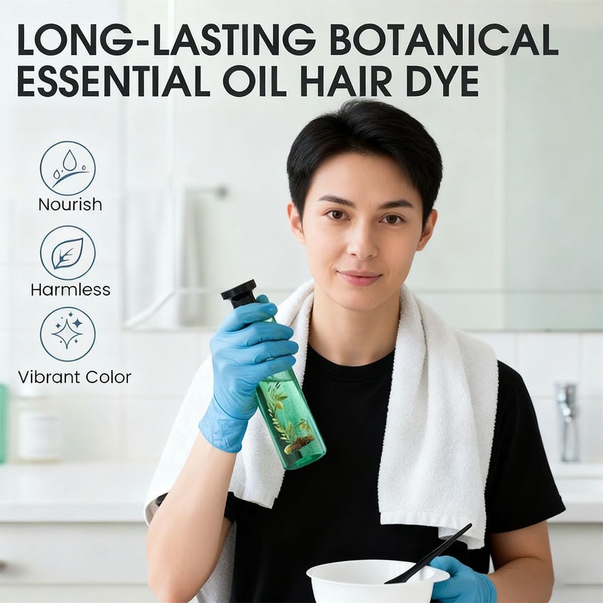 Long-Lasting Botanical Essential Oil Hair Dye,Mild Formula Long Lasting Hair Dye Set,Plant-Based Hair Color for Gray Coverage (Natural Black)