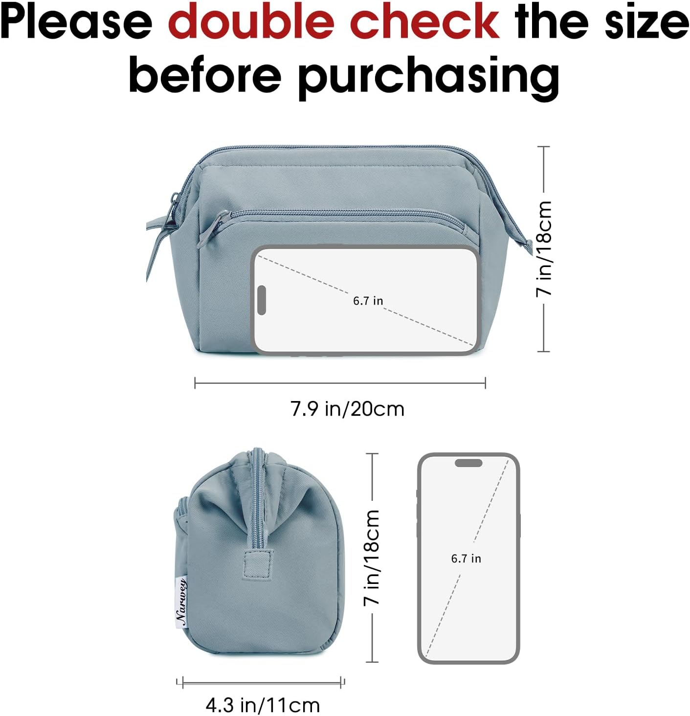 Narwey Large Makeup Bag Wide-open Zipper Pouch Travel Wash Bag Toiletry Bag Cosmetic Organizer for Women (Greyish Blue)