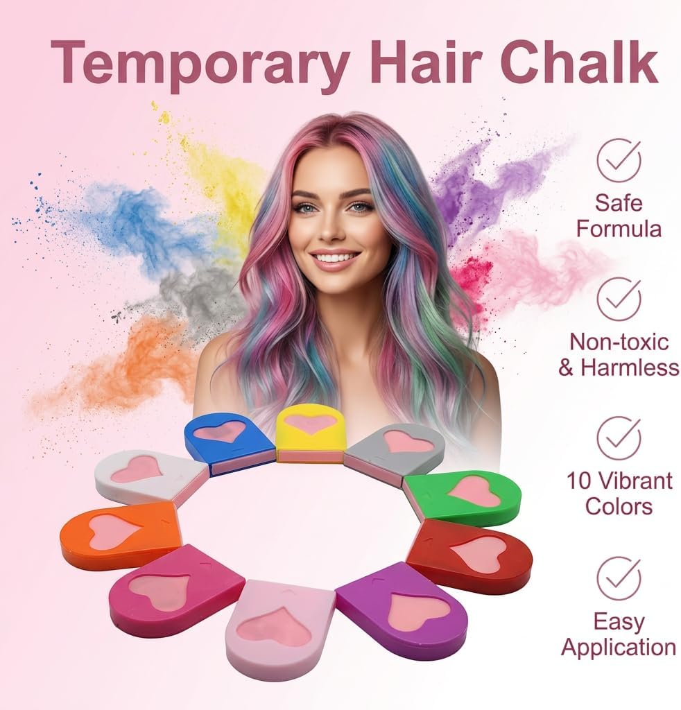 10 Colors Hair Chalk for Adults, Temporary Washable Hair Dye Powder Set, Non-Toxic Hair Colour Chalk Pens for Party Cosplay Halloween Christmas
