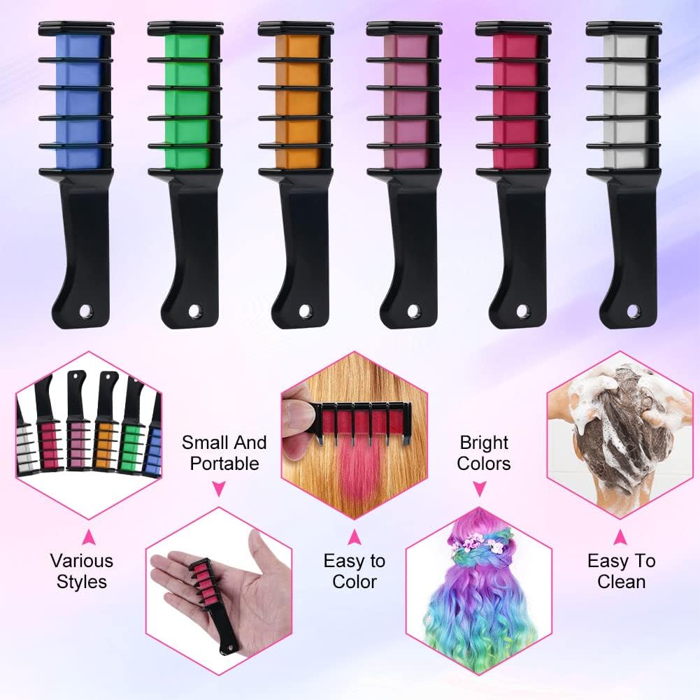AOOWU 6 Color &amp; Hair Chalk Comb Set for Girls &amp; Kids, Safe Non-Toxic Washable Hair Dye Brush, Halloween New Year Party Cosplay