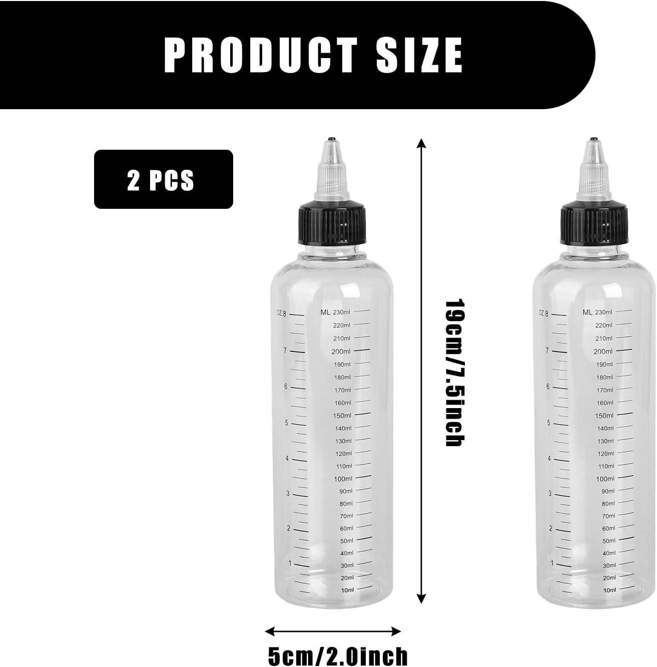 2PCS 250ml Squeeze Bottles with Measurement Scale – Precision Nozzle Cap Dye Applicator Bottles for Hair Colouring, Paint Mixing, Essential Oil Dispensing