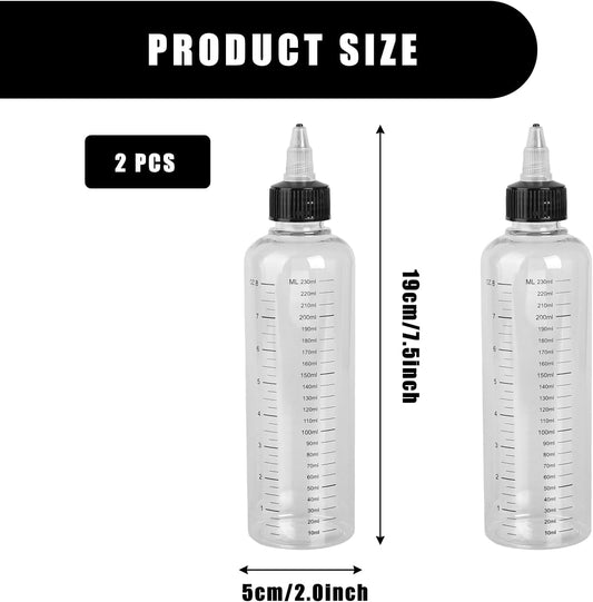 2PCS 250ml Squeeze Bottles with Measurement Scale – Precision Nozzle Cap Dye Applicator Bottles for Hair Colouring, Paint Mixing, Essential Oil Dispensing