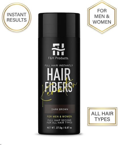 F&amp;H Hair Fibres Dark Brown 27.5g – Keratin Hair Building Fibers – Instant Hair Thickening Powder for Men &amp; Women