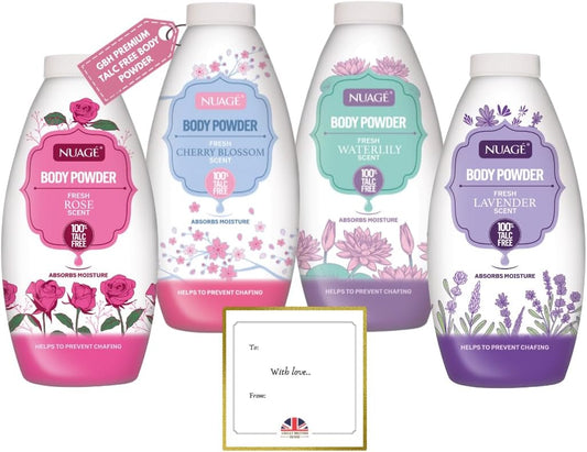 NEW Nuage Talc Free Body Powder 250g x 4 Pack – Fresh Lavender, Rose, Water Lily &amp; Cherry Blossom – Moisture-Absorbing Talc Free Powder for Women &amp; Men by GBH