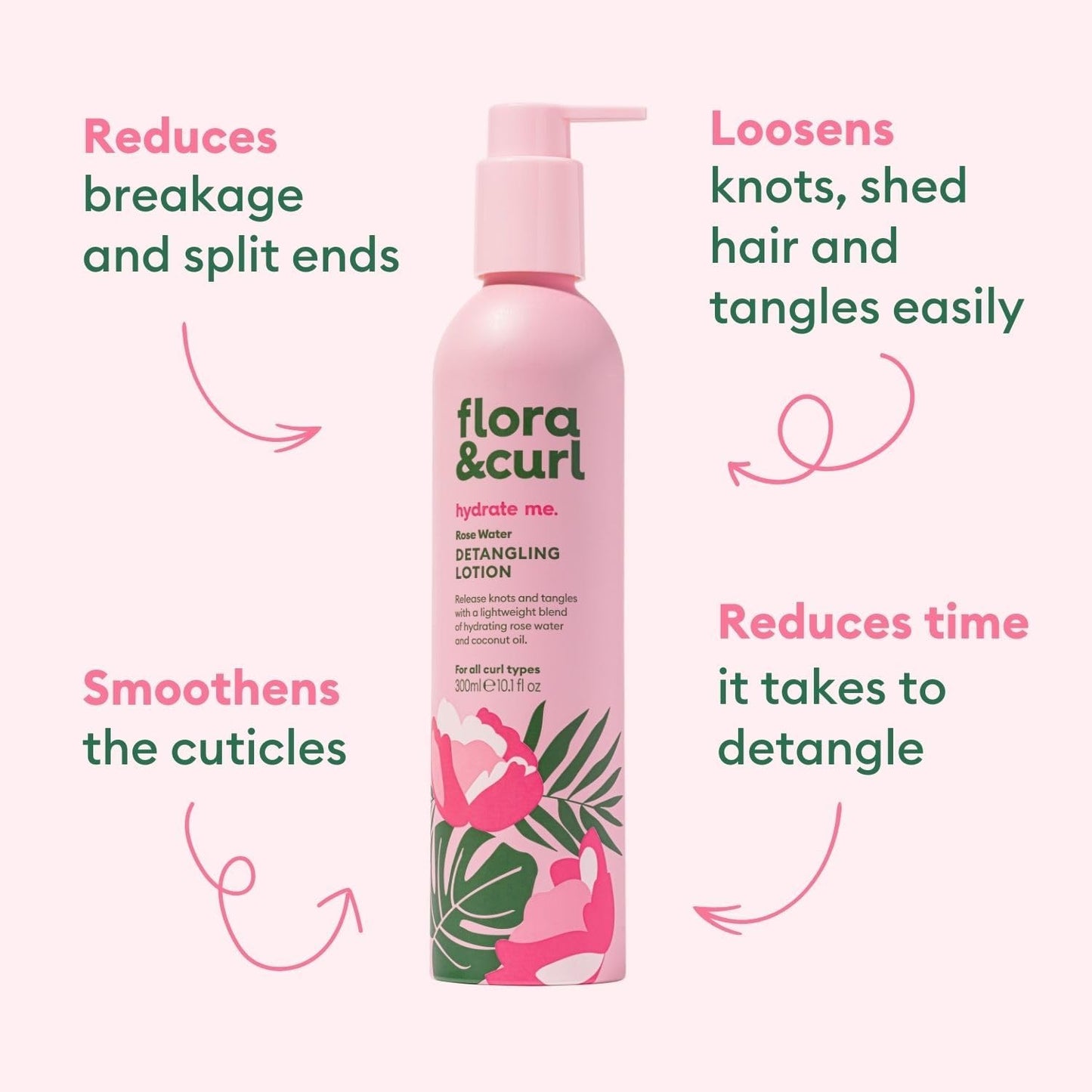 Flora &amp; Curl Rose Water Detangling Lotion | Lightweight Botanical Leave-In Detangler with Rose Water, Coconut Oil, Honey, Oat Silk, Calendula &amp; May Chang Oil | For All Curl Types | 300ml
