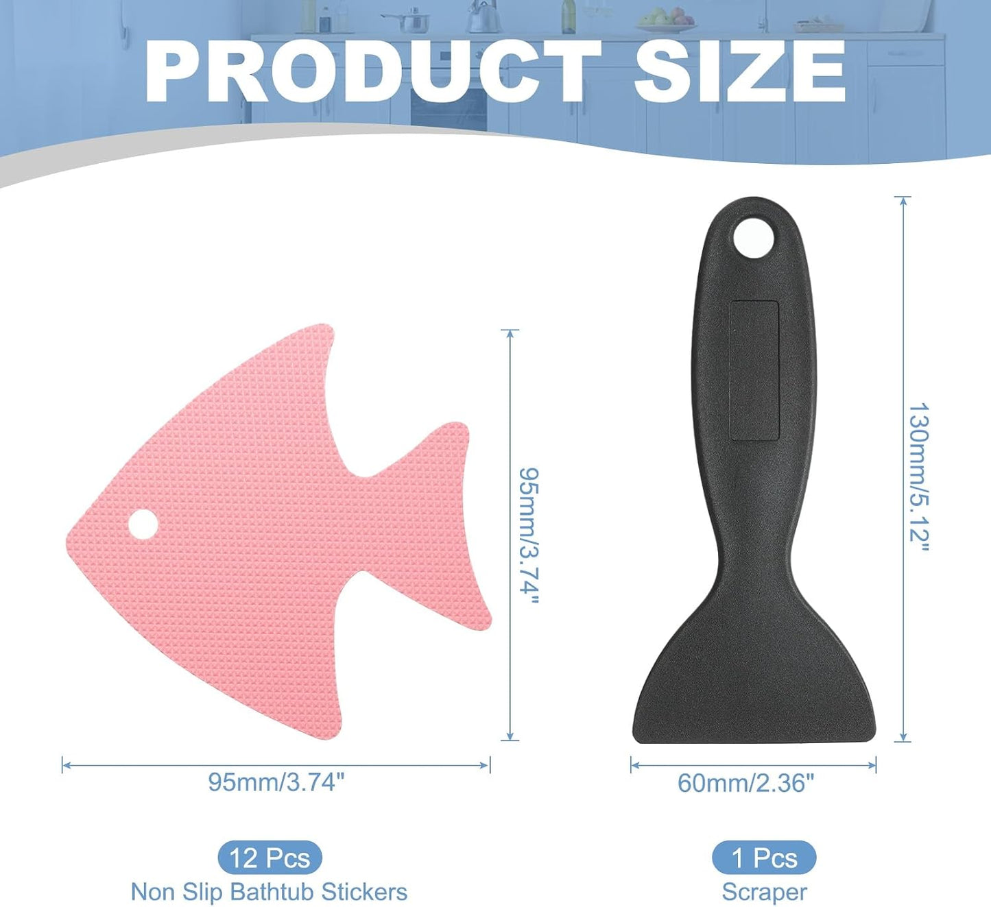 PATIKIL 12 Pcs Non Slip Bathtub Stickers, Anti Slip Shower Stickers with Scraper Bathroom Shower Floor Decals Fish Shape Cute Treads Tubs, Pink