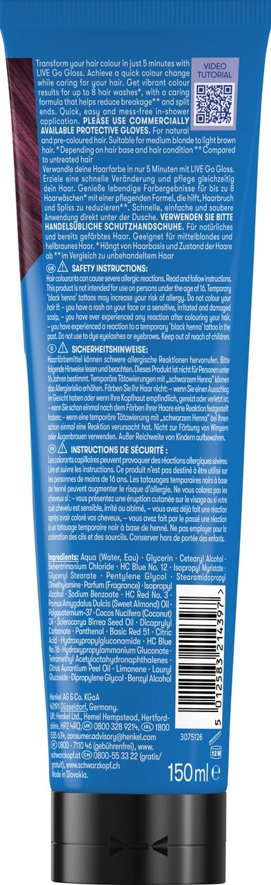 Schwarzkopf LIVE Go Gloss Cherry Cola Red, Colour &amp; Care Hair Glossing for Instant Glossy Hair, with HaptiQ Anti-Damage System, Up to 8 Washes
