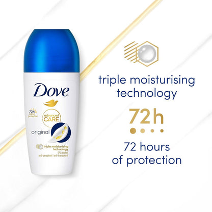 Dove Deodorant Roll On Advance Care Go Fresh Original 72H Odour Protection Anti-Transpirant and Anti-Perspirant for Women with Triple Moisturising Technology, 50ml pack of 3