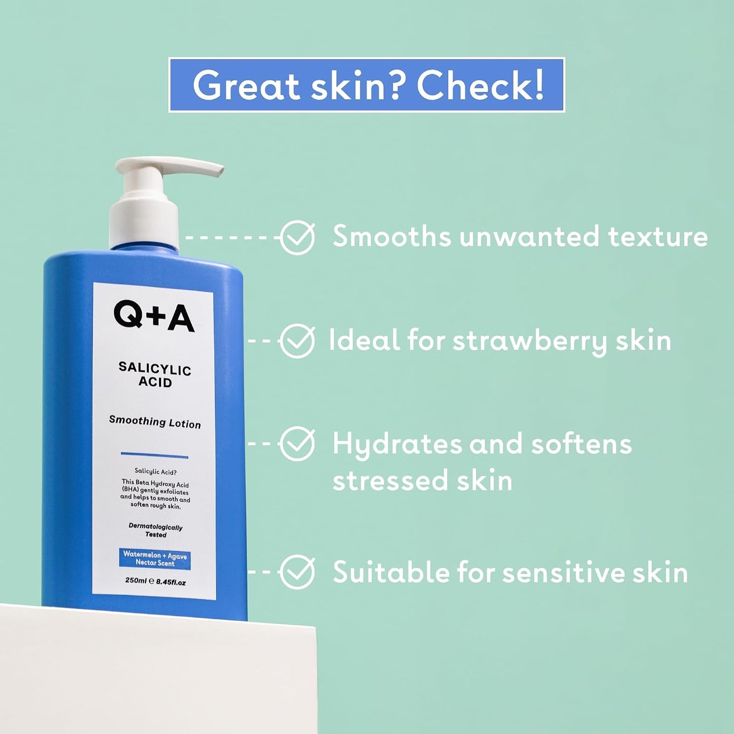 Q+A Salicylic Acid Smoothing Body Lotion (250ml), Body Moisturiser with Watermelon &amp; Agave Scent, Body Butter Alternative, Smooths Rough Bumpy Skin, Clears Blemishes &amp; Uneven Texture