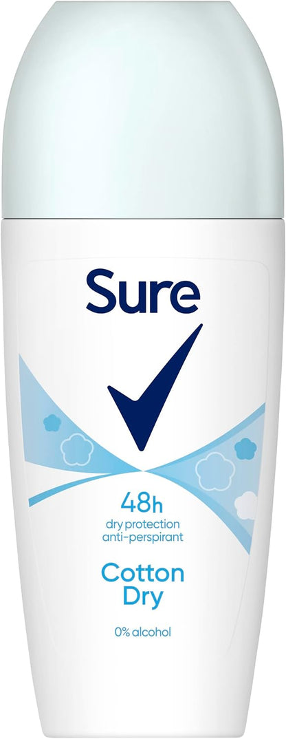 Sure Cotton Dry Women's Deodorant with a clean fragrance inspired by fresh cotton sheets Anti-Perspirant Roll On and 48 hour sweat and odour protection 50 ml, Pack of 6