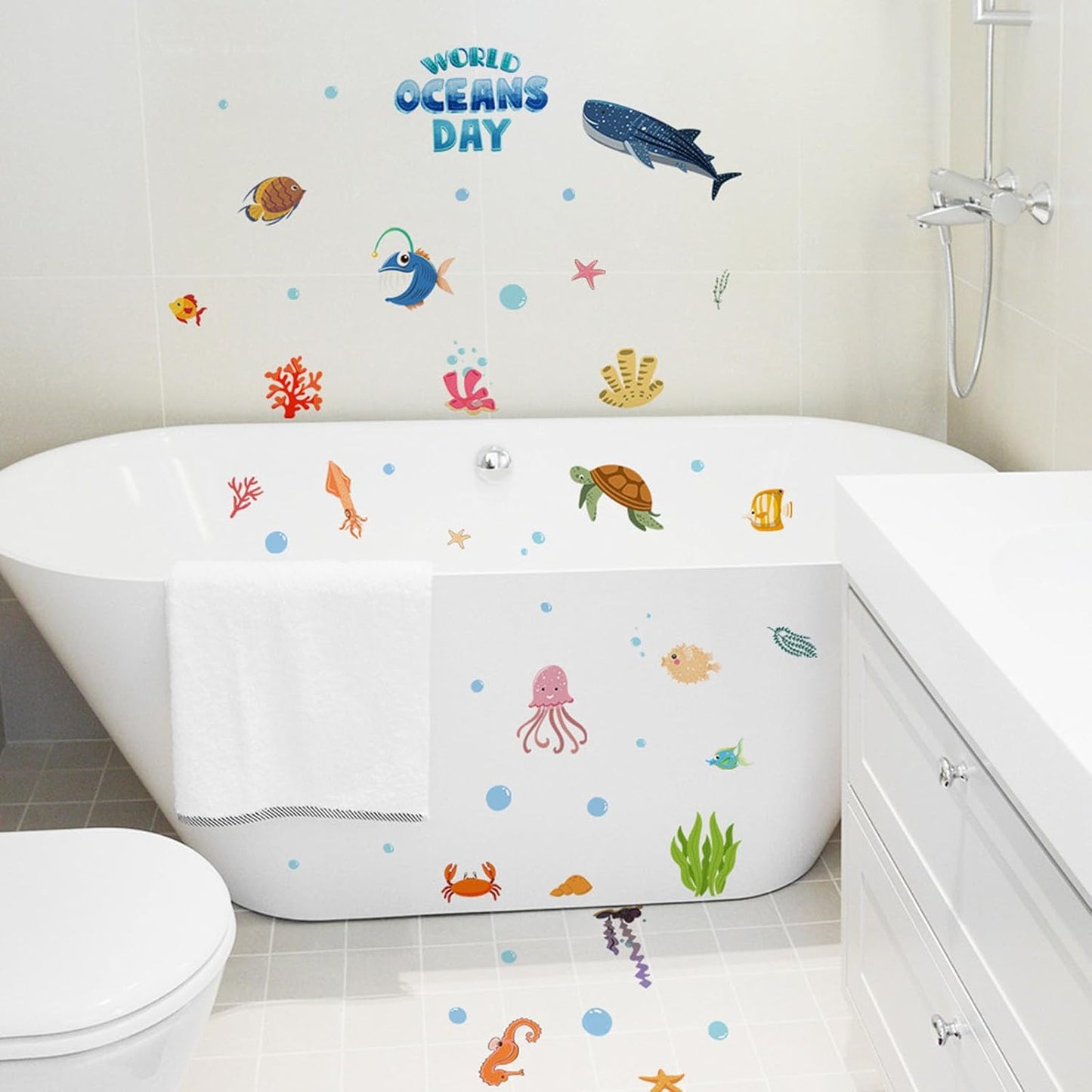 Non Slip Bathtub Stickers Adhesive Sea Creature Decorations Stickers AdhesiveWall Decals for Shower Surfaces Toddlers Bedroom Bathroom Window Baby Nursery and Children Classroom (Blue)