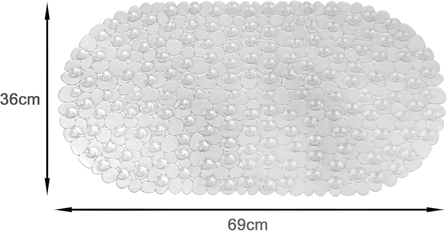 WELTRXE Non Slip Bath Mats for Inside Bath, 69 x 36 cm Clear Pebble Bath Mat Non Slip Anti Mould, Anti Slip Shower Mat, Flexible Oval PVC Bathtub Mat with Suction Cups &amp; Drain Holes, Machine Washable