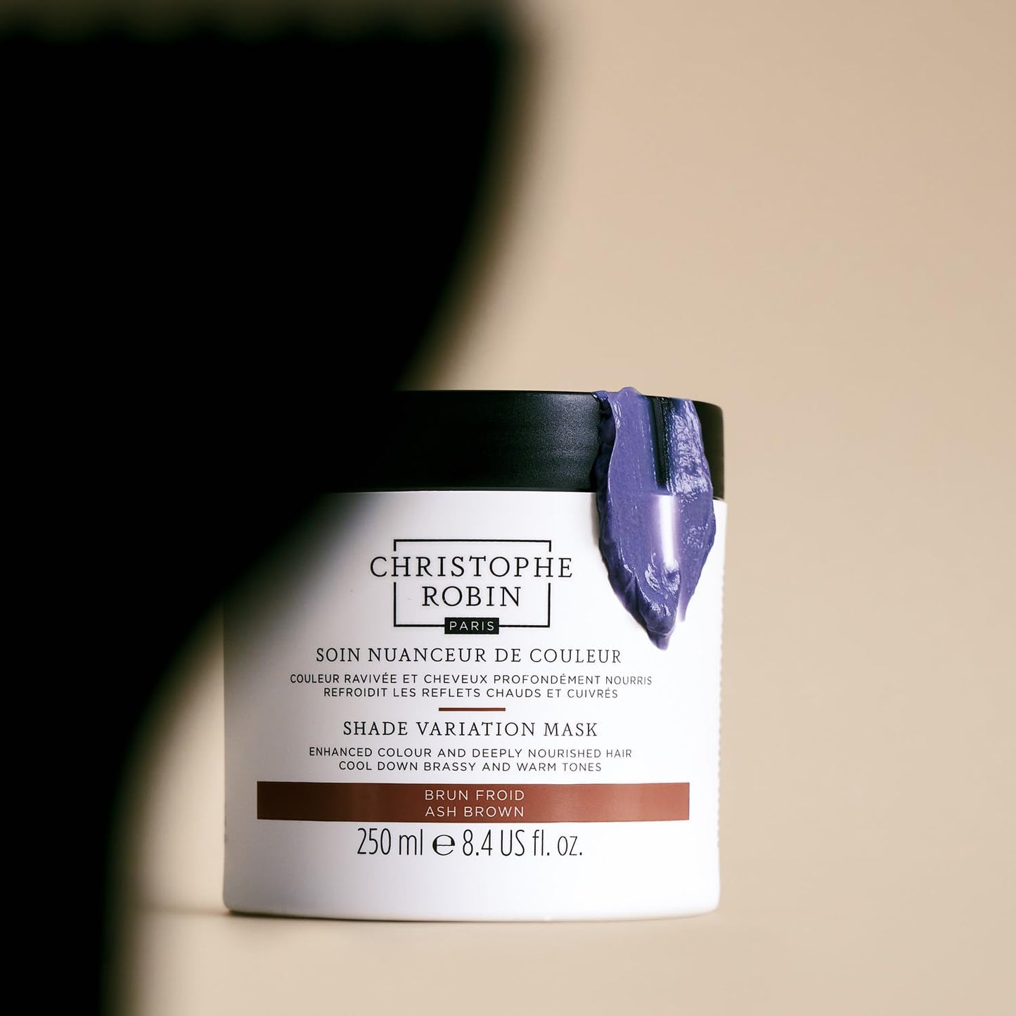 Christophe Robin Shade Variation Mask - Ash Brown 250ml – Deep Conditioning treatment for Brown hair - Instantly Neutralises Brassiness &amp; Red Tones for Cool, 96% Natural Ingredients