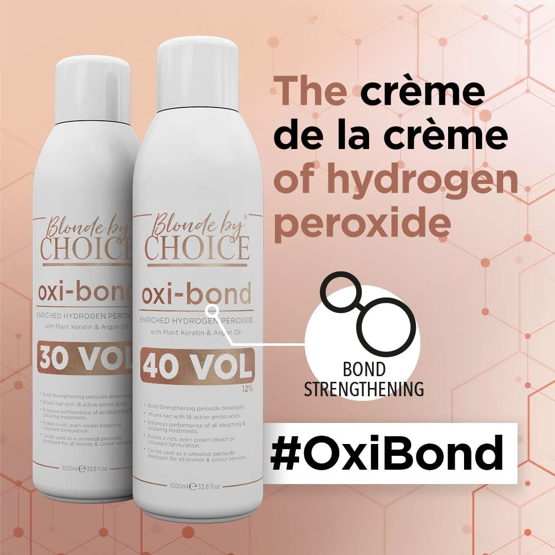 Blonde By Choice Oxi-bond 30 Vol Developer Enriched 9% Hydrogen Peroxide with Keratin, Argan Oil &amp; Amino Acids. Mix Hair Bleach Powder And Peroxide to Improve Hair Colouring or Bleaching 1000ml