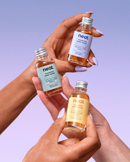 Neat Foaming Hand Wash Refills 6x30ml (2x Green Tea &amp; Bergamot, 2x Mango &amp; Fig, 1x Sweet Rose Water, 1x Cotton &amp; Bluebell) - Dermatologically Approved Hand Soap - Suitable for Sensitive Skin