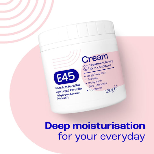 E45 Cream 125g Moisturiser for Dry &amp; Sensitive Skin, Perfume Free | Emollient cream - Soothes dry, itchy &amp; irritated skin - Non-greasy - Face &amp; hands - Eczema-prone skin
