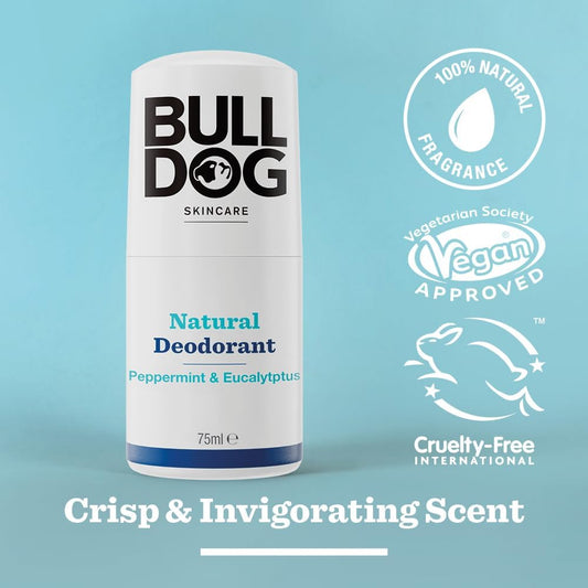BULLDOG SKINCARE - Peppermint and Eucalyptus Roll On Natural Deodorant For Men 75 ml