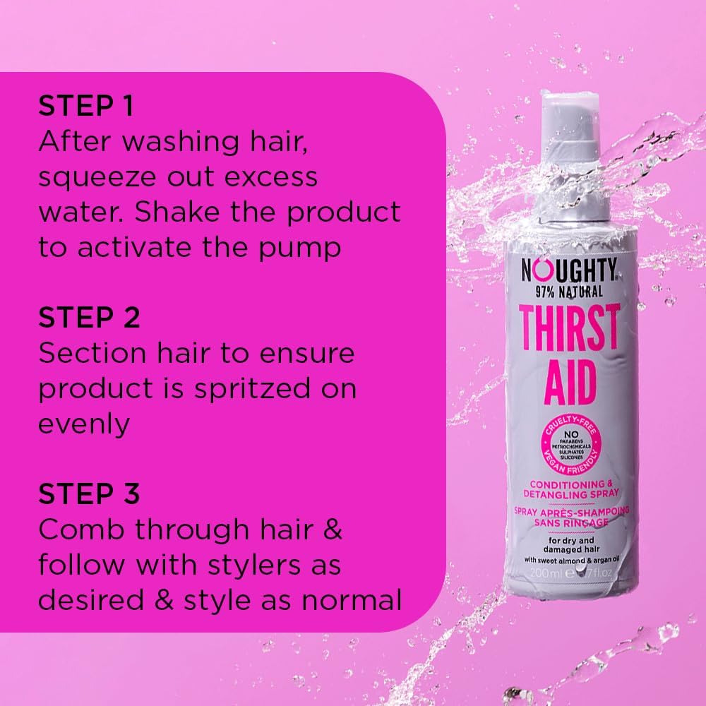 Noughty 97% Natural Thirst Aid Conditioning &amp; Detangling Spray, for Dry, Damaged Hair, Prevent Split Ends &amp; Hair Breakage, Anti Frizz, Leave-in Detangler Spray, Sulphate Free Haircare, 2 x 200ml