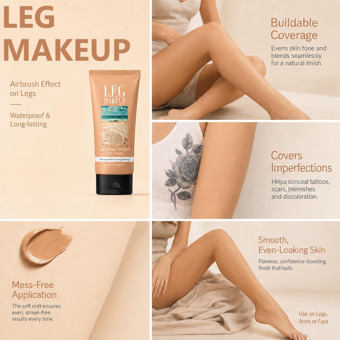 1Pcs Body Waterproof Leg Makeup Tattoo Cover Up Cream Full Coverage Foundation with 1 application glove for Daily Wear (Medium)