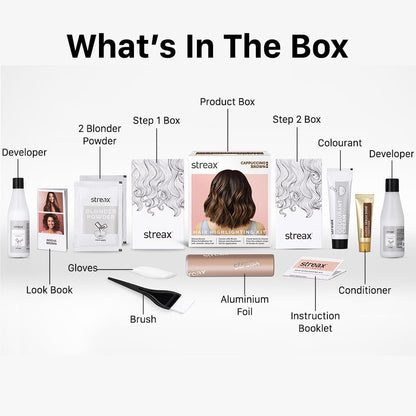 Streax Hair Colour Highlight Kit | Cappuccino Brown - Pack of 1 | Enriched with Walnut &amp; Argan Oil | Easy to Use, DIY Application