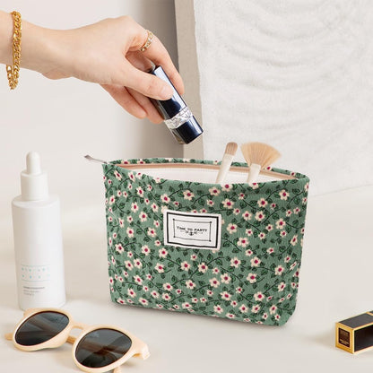 Aucuu Cosmetic Bags for Women, Small Floral Canvas Cosmetic Bag, Rose Flower Printing Corduroy Toiletry Bag, Multifunctional Travel Makeup Bag with Metal Zipper for Women Girls Gift - Green Flower