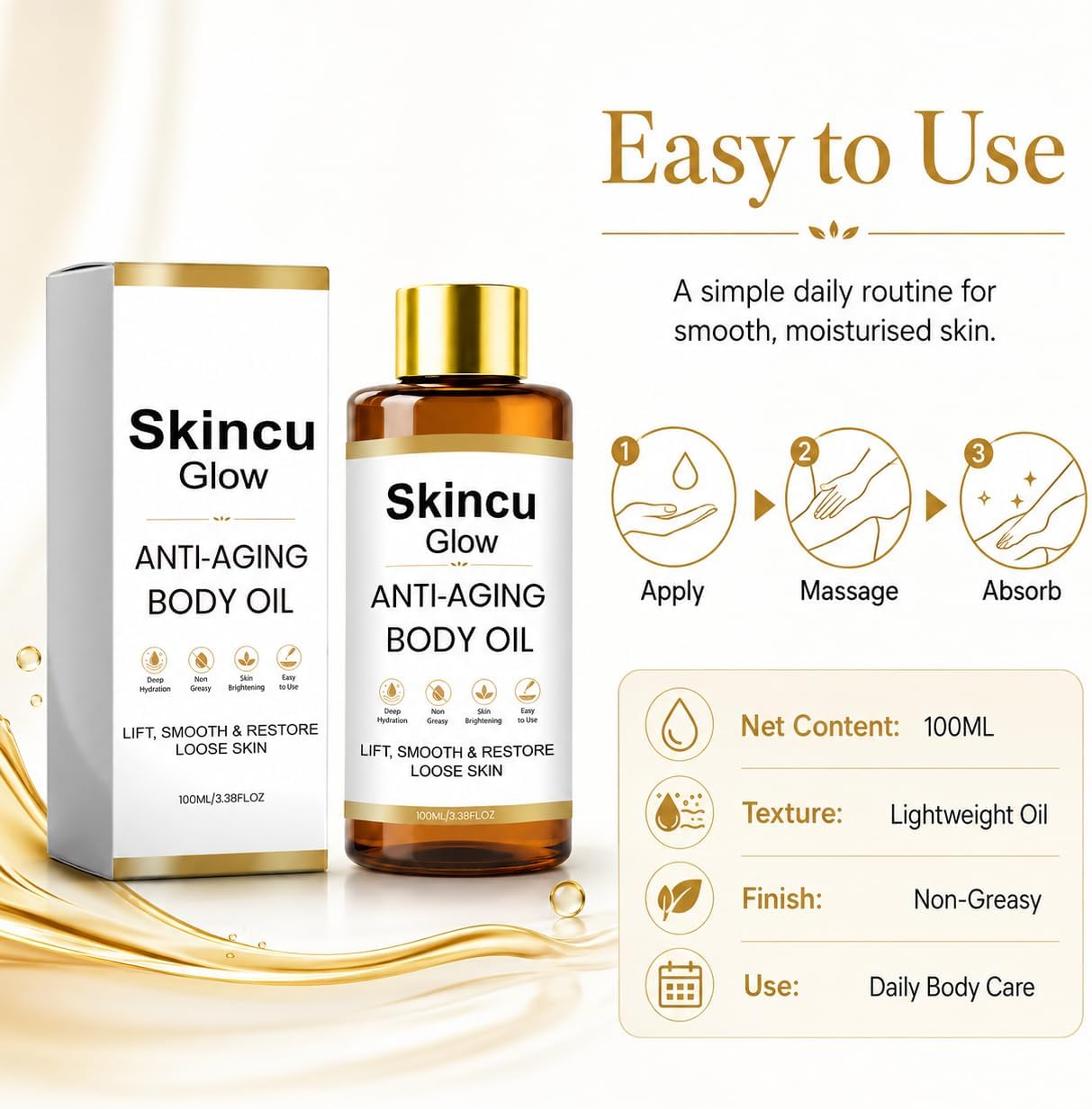 Skincu Anti Aging Body Oil, Skincu Glow Remedy Oil Skin Tightening Plant-Based Firming &amp; Moisturising Oil, Lightweight Non-greasy Formula for Smooth Glowing Skin, 100ml