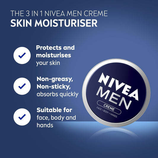 NIVEA MEN - Crème Moisturiser - Face, Hand &amp; Body Cream - Enriched With Aloe Vera &amp; Vitamin E - Cares &amp; Hydrates - Non-Greasy - Absorbs Quickly - All Skin Types - 150 ml