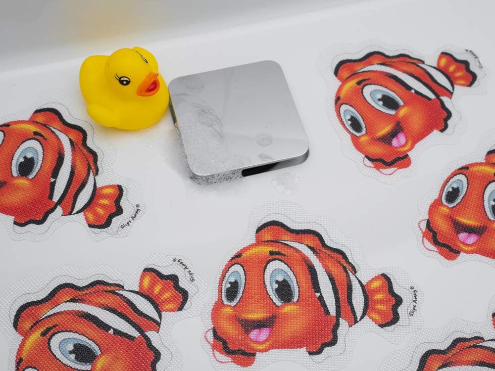 Non Slip Bath Mat Stickers - Modern fun Stylish Alternative to Rubber Suction Mat - Strong Adhesive Textured Stick on Anti Skid safety Treads for Baby Toddler Child - SLIPS AWAY® (5x Clara Clownfish)